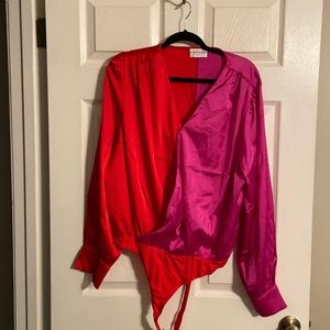 Pink and red satin bodysuit